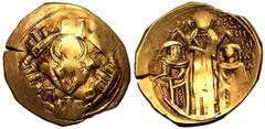 BYZANTINE EMPIRE. Andronicus II Palaeologus with Michael IX. Gold Hyperpyron, AD 1303-1320. Constantinople. Obv: half-length figure of the Virgin Mary, orans, within city walls with six towers; I-I ac