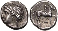 MAGNA GRAECIA. CALABRIA, TARENTUM. Silver Nomos, circa 281-272 BC. 'Campano-Tarentine' series. Obv: head of nymph left, wearing tainia and triple pendant earring. Rev: nude youth on horseback right, c
