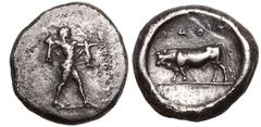 MAGNA GRAECIA. LUCANIA, POSEIDONIA. Silver Nomos, circa 470-445 BC. Obv: Poseidon standing right, wearing chlamys around shoulders, brandishing trident; ΠΟΜΕ downwards before. Rev: bull standing left,
