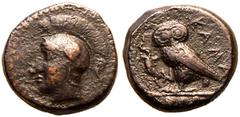 MAGNA GRAECIA. SICILY, KAMARINA. Bronze Tetras, circa 420-405 BC. Obv: head of Athena left, wearing crested Attic helmet. Rev: owl standing left, head facing, grasping lizard in talons; KAMA downwards