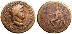 ROMAN EMPIRE. Nero. Bronze Sestertius, AD 62-68. Lugdunum. Obv: IMP NERO CAESAR AVG P M TR POT P P, laureate bust of Nero right; globe at point of truncation. Rev: Roma seated left on cuirass and shie