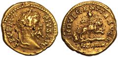 ROMAN EMPIRE. Septimius Severus. Bronze/Gold Fourrée Aureus, circa AD 203. Imitating a Rome mint issue. Obv: SEVERVS PIVS AVG, laureate head right. Rev: INDVLGENTIA AVGG, the Dea Caelestis, holding th