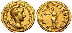 ROMAN EMPIRE. Gordian III. Gold Aureus, AD 239. Rome. Obv: IMP CAES M ANT GORDIANVS AVG, laureate, draped and cuirassed bust right. Rev: P M TR P II COS P P, Pax, draped, standing front, head left, ho