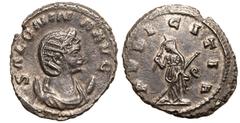 ROMAN EMPIRE. Salonina (wife of Gallienus). Billon Antoninianus, AD 260-268. Rome. Obv: SALONINA AVG, diademed and draped bust right, on crescent. Rev: PVDICITIA, Pudicitia, draped, standing left, rai