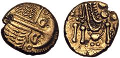 CELTIC. BRITANNIA, BELGAE. Gold Stater, circa 60-20 BC. 'Chute/Cheriton Transitional' type. Obv: abstract wreathed head of Apollo right. Rev: disjointed horse left; pellets above, crab(?) and patterne