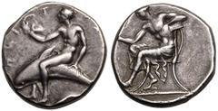 MAGNA GRAECIA. CALABRIA, TARENTUM. Silver Nomos, circa 430-425 BC. Obv: Taras, nude, gazing at helmet he holds in right hand, riding dolphin left; TAPAN-T-INΩN counterclockwise around; crayfish below.