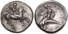 MAGNA GRAECIA. CALABRIA, TARENTUM. Silver Nomos, circa 315-300 BC. Ari-, magistrate. Obv: nude, helmeted warrior on horseback right, holding spear in right hand and shield and two more spears in left 