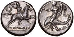 MAGNA GRAECIA. CALABRIA, TARENTUM. Silver Nomos, circa 240-228 BC. Reduced standard. Olympis, magistrate. Obv: warrior on horseback right, brandishing spear and holding reins; wreath behind, OΛYMΠIΣ b