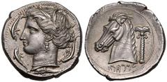 MAGNA GRAECIA. SICILY, SICULO-PUNIC, 'THE CAMP' (ENTELLA?). Silver Tetradrachm, circa 320-300 BC. Obv: head of Arethousa left, wearing wreath of grain ears, triple-pendant earring, and necklace; four 