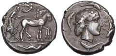 MAGNA GRAECIA. SICILY, SYRACUSE. temp. Second Democracy. Silver Tetradrachm, circa 460-450 BC. Obv: charioteer, holding kentron and reins, driving slow quadriga right; above, Nike flying right, crowni