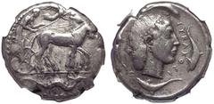 MAGNA GRAECIA. SICILY, SYRACUSE. temp. Second Democracy. Silver Tetradrachm, circa 460-450 BC. Obv: charioteer, holding kentron and reins, driving slow quadriga right; above, Nike flying right, crowni