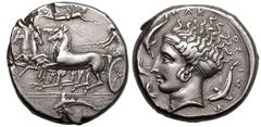 MAGNA GRAECIA. SICILY, SYRACUSE. Dionysios I. Silver Tetradrachm, circa 405 BC. Unsigned dies in the style of Eukleidas. Obv: charioteer, holding kentron and reins, driving fast quadriga left; above, 