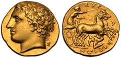 MAGNA GRAECIA. SICILY, SYRACUSE. temp. Agathokles. Gold Dekadrachm - 50 Litrai, circa 317-311 BC. Obv: laureate head of Apollo left; Σ behind. Rev: charioteer driving fast biga right; triskeles below,