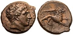 MAGNA GRAECIA. SICILY, SYRACUSE. temp. Fourth Democracy. Bronze Litra, circa 289-287 BC. Obv: head of youthful Herakles right, wearing tainia; ΣVPΑΚΟΣΙΟΝ downwards before, [bow] behind. Rev: lion adva