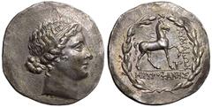ANCIENT GREECE. AEOLIS, KYME. Silver Tetradrachm, circa 155-143 BC. Metrophanes, magistrate. Obv: head of the Amazon Kyme right, wearing tainia. Rev: horse prancing right, one-handled cup below raised