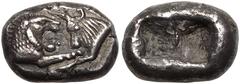 ANCIENT GREECE. KINGDOM OF LYDIA. Kroisos. Silver 1/3 Stater, circa 561-546 BC. Sardes. Obv: confronted foreparts of lion right and bull left. Rev: two irregular incuse squares. About Extremely Fine; 