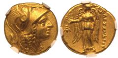 ANCIENT GREECE. KINGDOM OF MACEDON. temp. Alexander III 'the Great' - Kassander. Gold Stater, circa 325-310 BC. Pella. Obv: head of Athena right, wearing crested Corinthian helmet decorated with coile