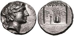 ANCIENT GREECE. LYCIA, RHODIAPOLIS. Silver Drachm, circa 167-81 BC. Struck as a member of the Lycian League. Obv: laureate head of Apollo right; bow and quiver over shoulder. Rev: P-O flanking kithara