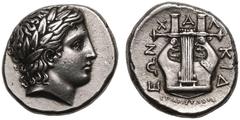 ANCIENT GREECE. MACEDON, CHALKIDIAN LEAGUE. Silver Tetradrachm, circa 355-352 BC. Olynthos. Aristonos, magistrate. Obv: laureate head of Apollo right. Rev: kithara with six strings, ΧΑΛΚΙΔΕΩΝ around, 