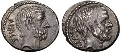 ROMAN REPUBLIC & IMPERATORIAL. Q. Servilius Caepio (M. Junius) Brutus. Silver Denarius, 54 BC. Rome. Obv: bare head of L. Junius Brutus right; BRVTVS downwards behind. Rev: bare head of C. Servilius A