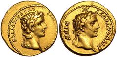 ROMAN EMPIRE. Tiberius with Divus Augustus. Gold Aureus, AD 14-16. Lugdunum. Obv: TI CAESAR DIVI AVG F AVGVSTVS, laureate head of Tiberius right. Rev: DIVOS AVGVST DIVI F, laureate head of Augustus ri