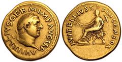 ROMAN EMPIRE. Vitellius. Gold Aureus, AD 69. Rome. Obv: A VITELLIVS GERM IMP AVG TR P, laureate head right. Rev: L VITELLIVS COS III CENSOR, L. Vitellius the Elder, togate, seated left on curule chair