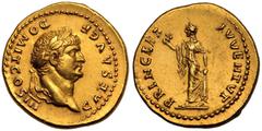 ROMAN EMPIRE. Domitian (Caesar). Gold Aureus, AD 75. Rome. Obv: CAES AVG F DOMIT COS III, laureate head right. Rev: PRINCEPS IVVENTVT, Spes advancing left, holding flower and hem of skirt. About Mint 