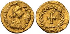 ROMAN EMPIRE. Marcian. Gold Tremissis, AD 455. Mediolanum. Obv: D N MARCIANVS PERP AVG, pearl-diademed, draped and cuirassed bust right. Rev: cross within wreath; COMOB in exergue. Good Very Fine; min