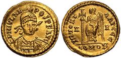ROMAN EMPIRE. Julius Nepos. Gold Solidus, AD 474-475. Arelate. Obv: D N IVL NEPOS P F AVG, pearl-diademed, helmeted and cuirassed bust facing slightly right, holding spear and shield decorated with ho