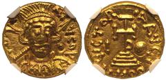 BYZANTINE EMPIRE. Constantine IV 'Pogonatus'. Gold Solidus, dated IY 10 = AD 681/2. Carthage. Obv: CN-T-AN PSP, helmeted and cuirassed bust facing slightly right, holding spear in right hand over shou
