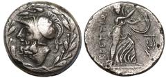MAGNA GRAECIA. BRUTTIUM, THE BRETTII. Bronze Double Unit (Didrachm), circa 208-203 BC. Obv: head of Ares left, wearing crested Corinthian helmet decorated with Pegasos; all within wreath. Rev: Athena 