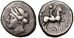 MAGNA GRAECIA. CALABRIA, TARENTUM. Silver Nomos, circa 281-228 BC. Campano-Tarentine Series. Obv: head of nymph left, wearing head band and triple pendant earring. Rev: nude youth on horseback right, 