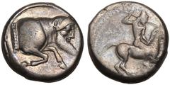 MAGNA GRAECIA. SICILY, GELA. Silver Didrachm, circa 490-475 BC. Obv: horseman riding right, preparing to cast javelin. Rev: forepart of man-headed bull right; CΕΛΑΣ below; all within circular incuse. 