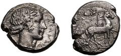 MAGNA GRAECIA. SICILY, KATANE. Silver Tetradrachm, circa 416-413 BC. Obv: charioteer, holding kentron and reins, driving slow biga right; above, Nike flying right, crowning horses with wreath. Rev: la
