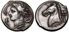 MAGNA GRAECIA. SICILY, SICULO-PUNIC, 'THE CAMP' (ENTELLA?). Silver Tetradrachm, circa 320-300 BC. Obv: head of Arethousa left, wearing wreath of grain ears, triple-pendant earring, and necklace; four 