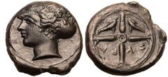MAGNA GRAECIA. SICILY, SYRACUSE. temp. Second Democracy. Bronze Hemilitron, circa 410-405 BC. Obv: head of Arethusa left. Rev: ΣY-PA, four-spoked wheel; two dolphins in lower fields. Good Very Fine; d