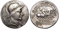 ANCIENT GREECE. GRECO-BAKTRIAN KINGDOM. Eukratides I 'the Great'. Silver Tetradrachm, circa 170-145 BC. Indo-Skythian imitation. Obv: diademed and draped bust right, wearing crested helmet adorned wit