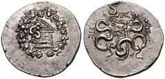 ANCIENT GREECE. MYSIA, PERGAMON. Silver Cistophoric Tetradrachm, circa 123-104 BC. Obv: serpent emerging from cista mystica; all within ivy wreath. Rev: two serpents entwined around bow and bowcase; m