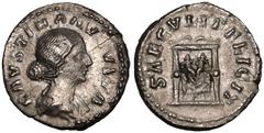 ROMAN EMPIRE. Faustina II (wife of Marcus Aurelius). Silver Denarius, AD 161-164. Rome. Obv: FAVSTINA AVGVSTA, draped bust right, wearing stephane. Rev: SAECVLI FELICIT, draped pulvinar (throne), on w