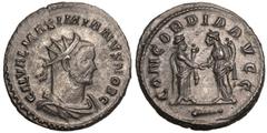 ROMAN EMPIRE. Galerius (as Caesar). Billon Antoninianus, AD 293-294. Lugdunum. Obv: GAL VAL MAXIMIANVS NOB C, radiate, draped and cuirassed bust right. Rev: CONCORDIA AVGG, two Concordiae standing fac