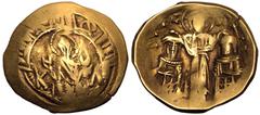 BYZANTINE EMPIRE. Andronicus II 'Palaeologus', with Michael IX. Gold Hyperpyron, AD 1303-1320. Thessalonica(?). Obv: half-length figure of the Virgin Mary, orans, within city walls with four towers; Κ