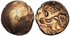 Celtic CELTIC. BRITANNIA, CORIELTAUVI. Gold Stater, circa 50 BC-AD 20. Kite type. Obv: traces of devolved head of Apollo right. Rev: horse standing left, kite shape containing four pellets above, whee