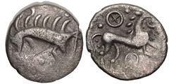 Celtic CELTIC. BRITANNIA, ICENI. Silver Unit, circa 20 BC-40 AD. Norfolk Boar Phallic type. Rev: stylised boar right, pellet below, rosette of pellets above. Rev: horse right, wheel flanked by trio of