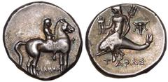 Magna Graecia MAGNA GRAECIA. CALABRIA, TARENTUM. Silver Nomos, circa 272-240 BC. Philemenos, magistrate. Obv: youth on horse right; ΦI before, ΦIΛHMENOΣ below. Rev: Taras astride dolphin left, holding