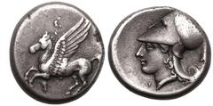 Ancient Greece ANCIENT GREECE. CORINTHIA, CORINTH. Silver Stater, circa 350-285 BC. Obv: Pegasos flying left; Ï˜ below. Rev: head of Athena left, wearing Corinthian helmet; A below chin, astragalos be