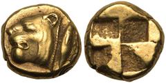 Ancient Greece ANCIENT GREECE. MYSIA, KYZIKOS. Electrum Hekte, circa 550-500 BC. Obv: head of lioness left, with collar of pearls; tunny fish upwards behind. Rev: quadripartite incuse square. About Go