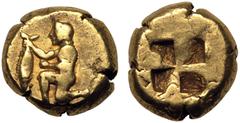 Ancient Greece ANCIENT GREECE. MYSIA, KYZIKOS. Electrum Hemihekte, circa 500-450 BC. Obv: nude youth kneeling left, holding tunny by its tail. Rev: quadripartite incuse square. Very Fine. From the Bri