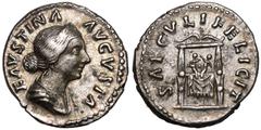 Roman Empire ROMAN EMPIRE. Faustina II (wife of Marcus Aurelius). Silver Denarius, AD 161-164. Rome. Obv: FAVSTINA AVGVSTA, draped bust right, wearing stephane. Rev: SAECVLI FELICIT, draped pulvinar (
