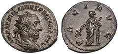 Roman Empire ROMAN EMPIRE. Aemilian. Silver Antoninianus, AD 253. Rome. Obv: IMP AEMILIANVS PIVS FEL AVG, radiate, draped and cuirassed bust right. Rev: PACI AVG, Pax standing front, head left, leanin