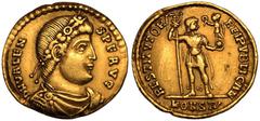 Roman Empire ROMAN EMPIRE. Valens. Gold Solidus, AD 364-367. Arelate. Obv: D N VALENS P F AVG, pearl-diademed, draped and cuirassed bust right. Rev: RESTITVTOR REIPVBLICAE, Emperor standing facing, he